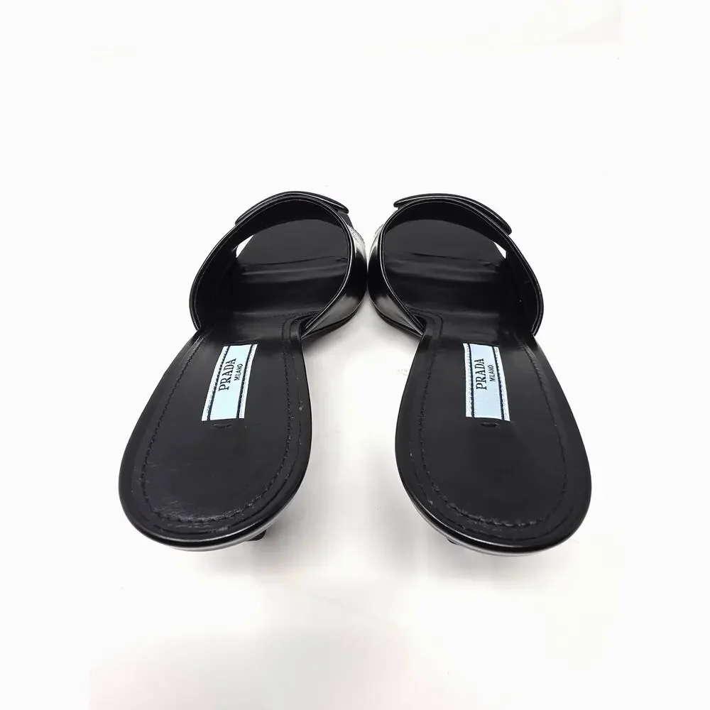 Prada Black Leather Triangle Logo Mule Slide Sandals Square Open Toe Heels 39 9